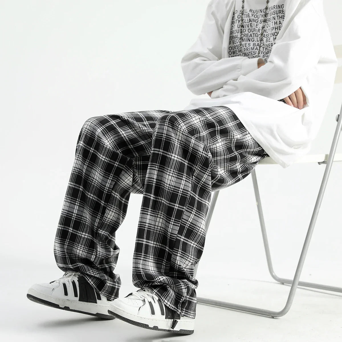 sanyamk Autumn Winter Men's Plaid Pants Contrast Color Wide Leg Casual Long Trousers Vintage Style Stylish Streetwear Checkered Pants