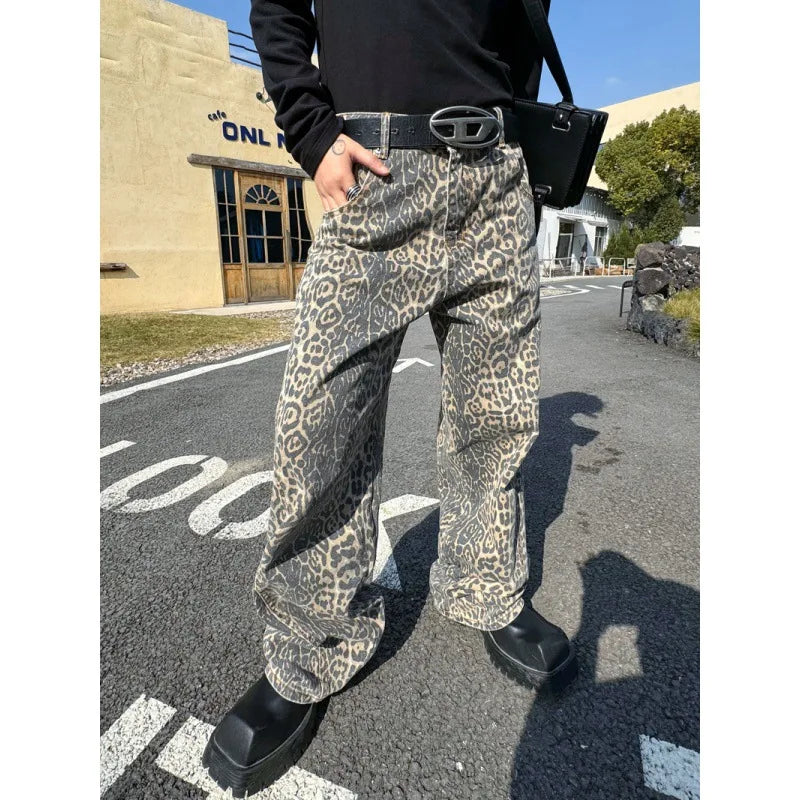 sanyamk Leopard Jeans for Men Denim Pants Male Oversize Wide Leg Trousers Streetwear Hip Hop Vintage Animal Print Loose Casual