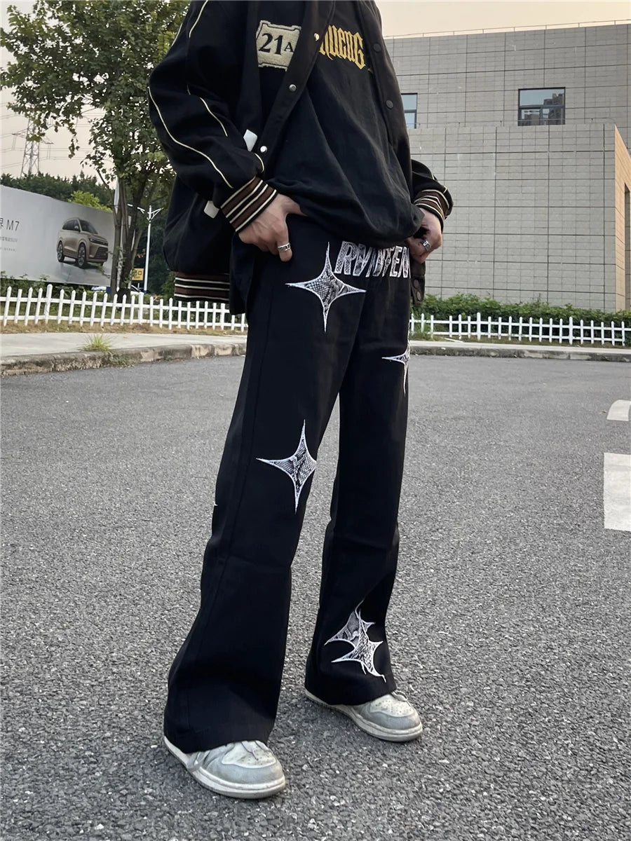 sanyamk Fashionable American street letter embroidery straight tube loose denim pants for men and women high street trendy casual pants
