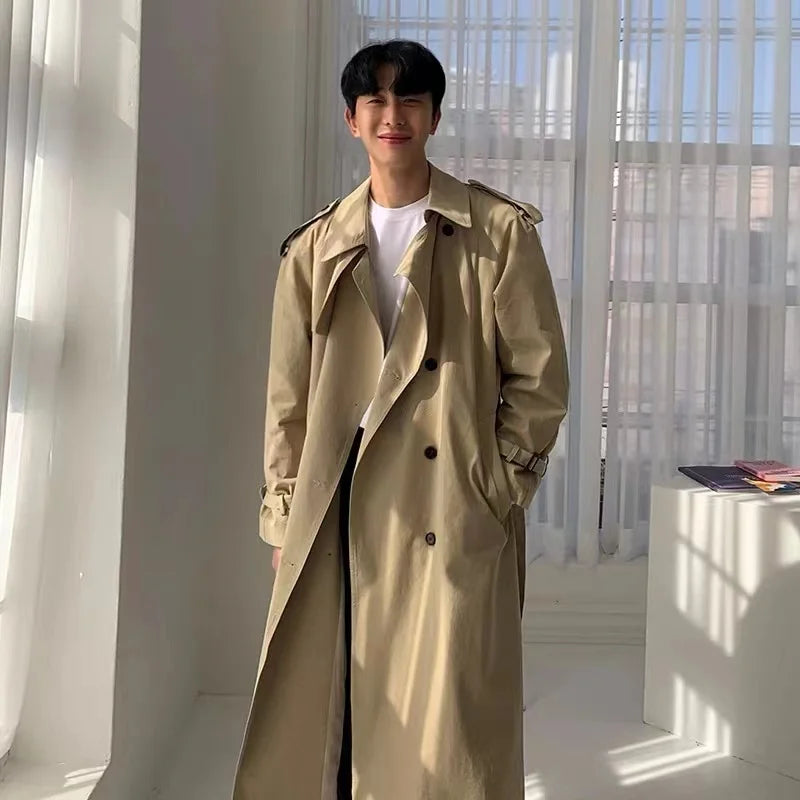 sanyamk Khaki Black Trench Coat Men Oversized Fashion Casual Long Coat Men Streetwear Korean Loose Windbreaker Jacket Mens Overcoat