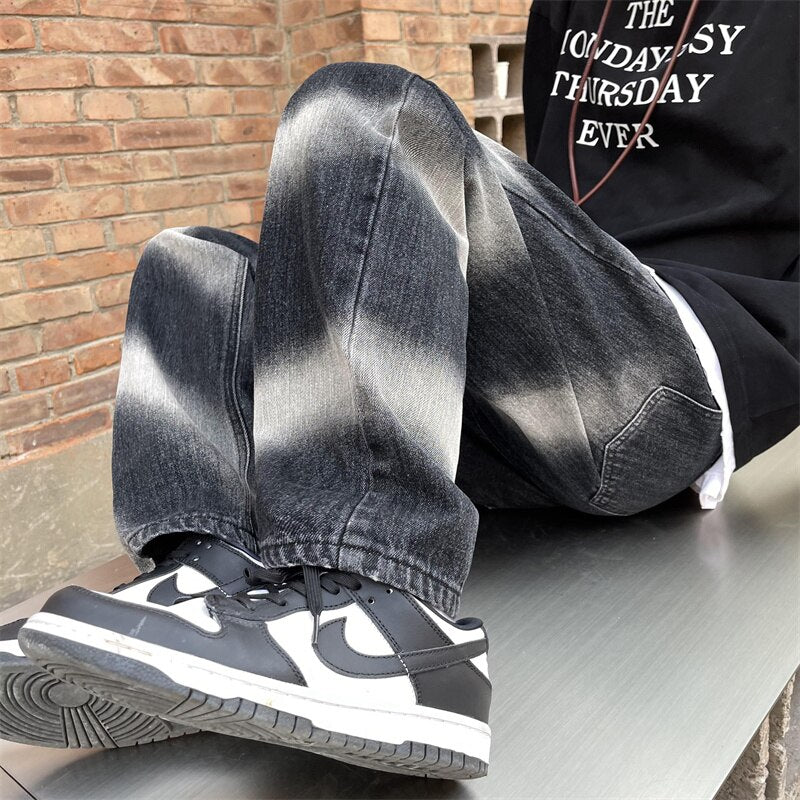 sanyamk Fashion Brand Men's Tie-dyed Jeans College Students Hip-hop Dance Y2k Loose Straight Pants Women's Baggy Blue Jeans