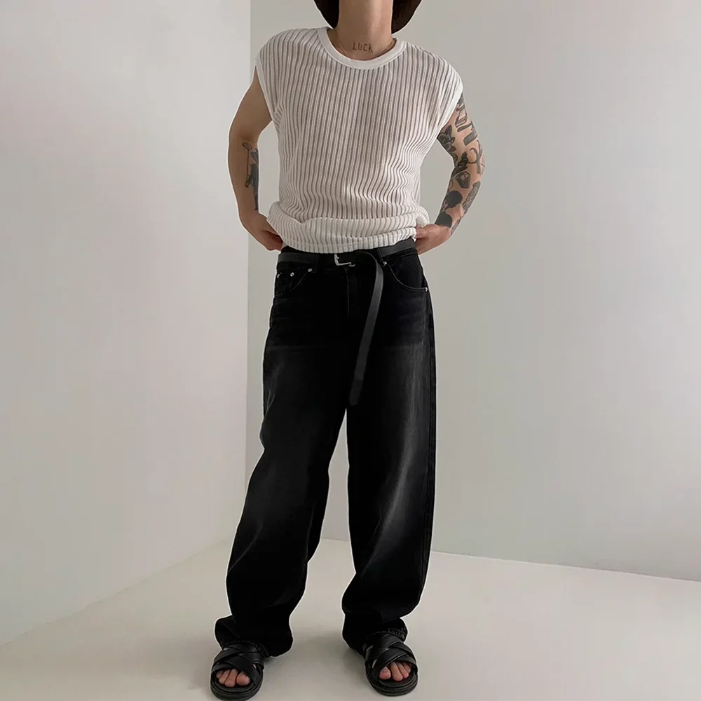 sanyamk Out Solid Knitted Shirt Men's Sexy Tank Top Summer Loose Knit Vest Korean O Neck Sleeveless Tees See Through Undershirts