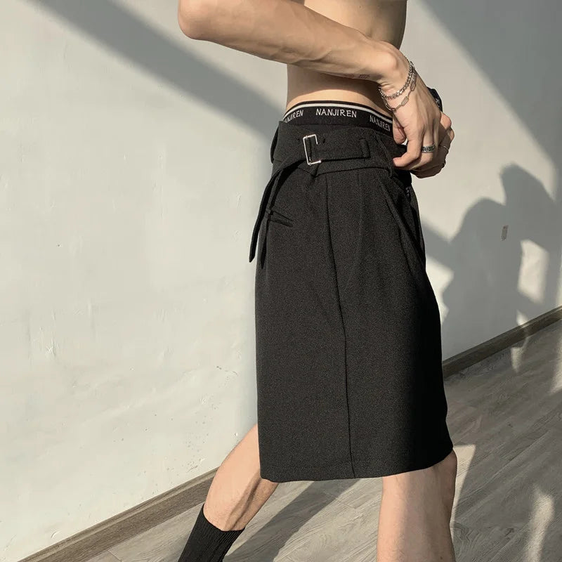 sanyamk Summer Grey/Black Suit Shorts Men Fashion Society Mens Dress Shorts Korean Style Loose Straight Shorts Mens Casual Shorts M-XL