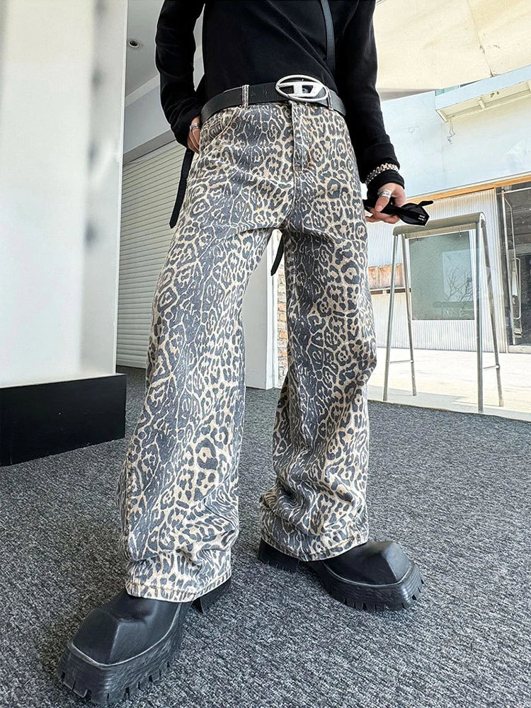 sanyamk Leopard Jeans for Men Denim Pants Male Oversize Wide Leg Trousers Streetwear Hip Hop Vintage Animal Print Loose Casual