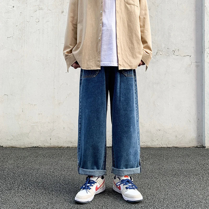 sanyamk Spring New Wide-leg Jeans Men's Straight Loose Pants Hong Kong Style Trend Retro Trousers Bottom Buckle Ankle-length pants