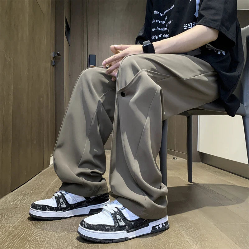 Bonsir Men's Loose Casual Pants Brown Straight Baggy Elastic Waist Wide-leg Pants Spring Summer Autumn Trousers Black Gray 4X 5XL