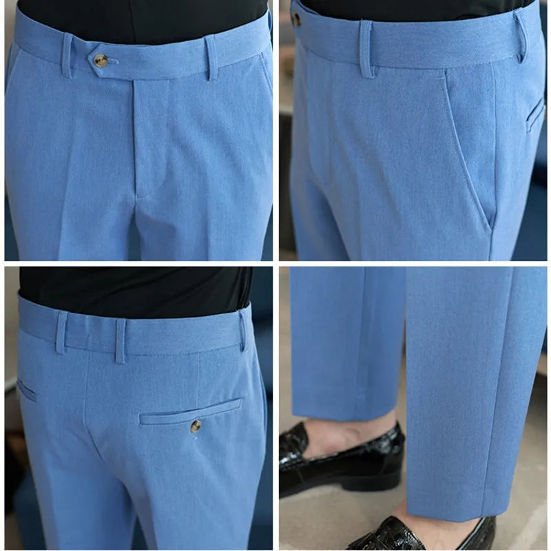sanyamk - New Fashion Men's Pencil Pants Slim Fit Stretch Trousers Solid Korean Style Handsome Wedding Business Work Casual Suit Pant