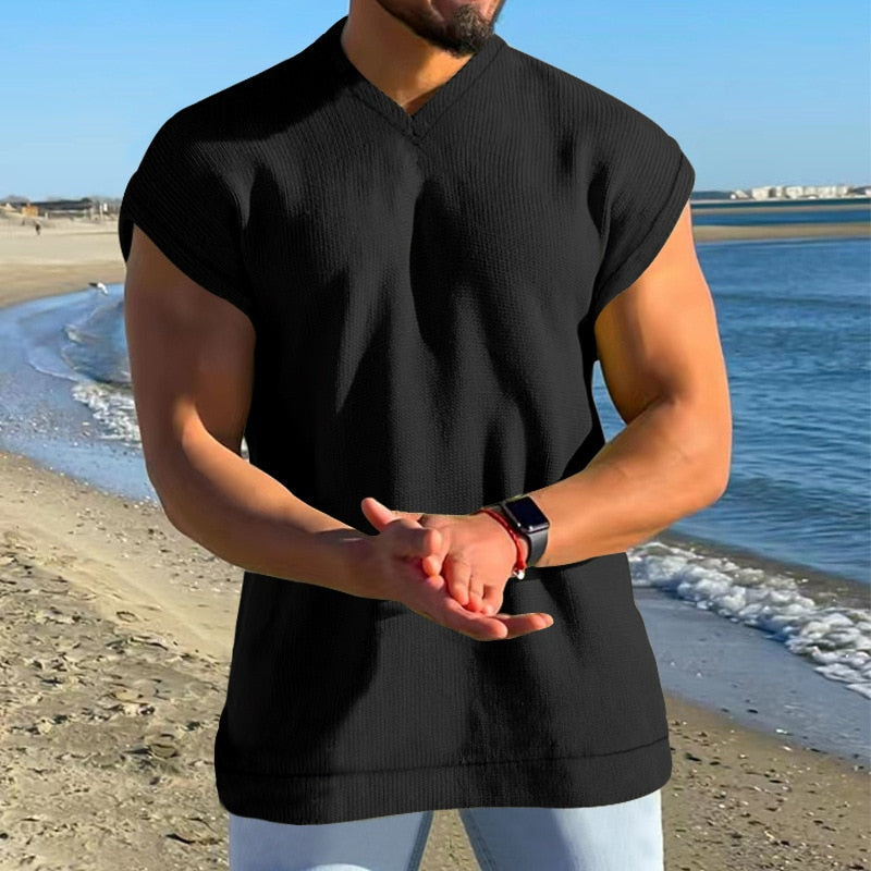 Bonsir Vintage Solid Color Ribbed V Neck Tank Tops Mens Summer Loose Sleeveless Casual Vest For Men Clothes Fashion Streetwear Camisole
