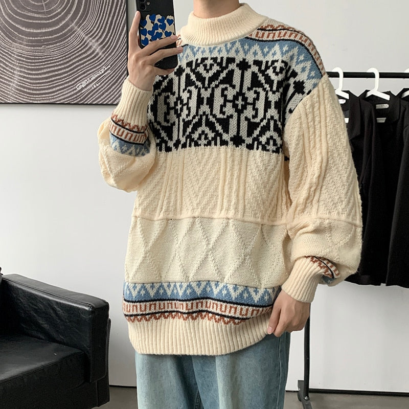 Bonsir Men's Loose Jacquard Sweater Vintage Autumn Korean Style Fashion Knitted Pullovers Round Neck Casual Male Knitwear