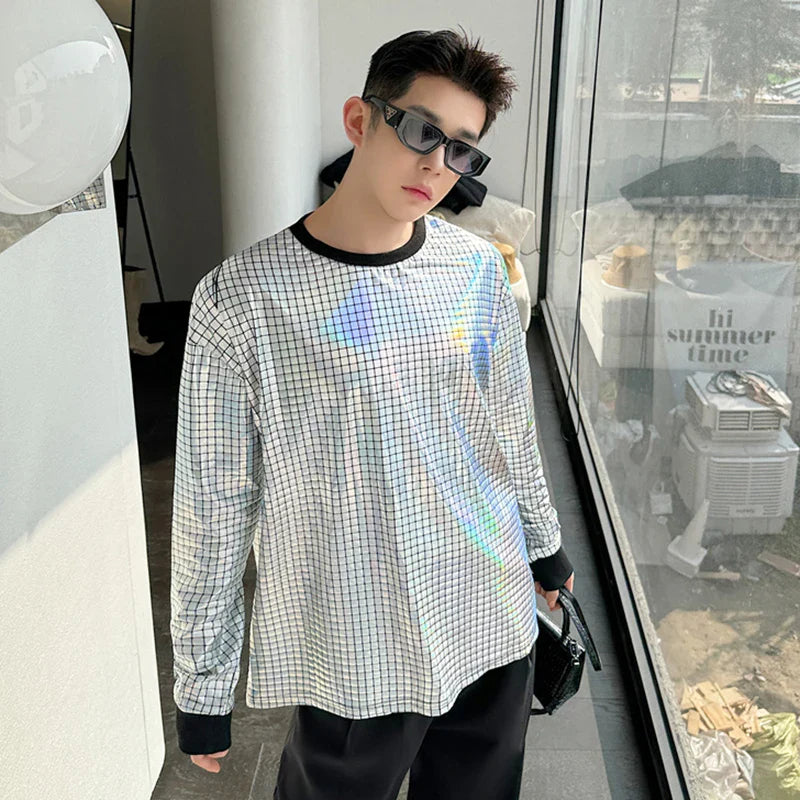 sanyamk - Korean Men's Round Collar T-shirt Fashion Bright Face Design Plaid Trend Long Sleeve T-shirts Pullover Top Trend 9C5122