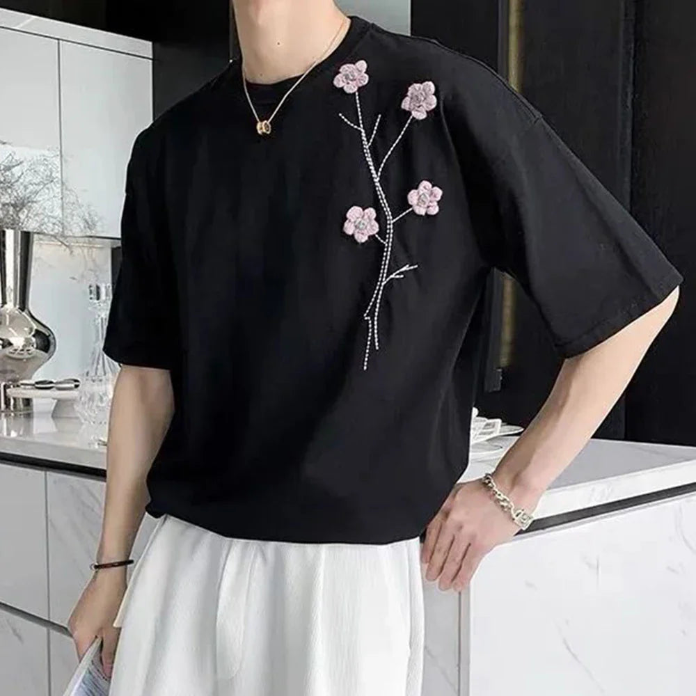 Bonsir T Shirts for Men New Summer French Short Sleeve HipHop Embroidery Solid Color O-Neck Shirt Men Clothing Mens Streetwear Top Tees