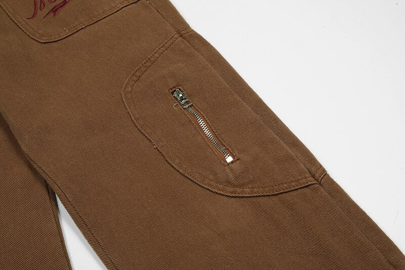 sanyamk Retro High Street Vibe Style Letter Embroidery Jeans for Men Ankle Zipper Straight Solid Color Baggy Casual Denim Trousers