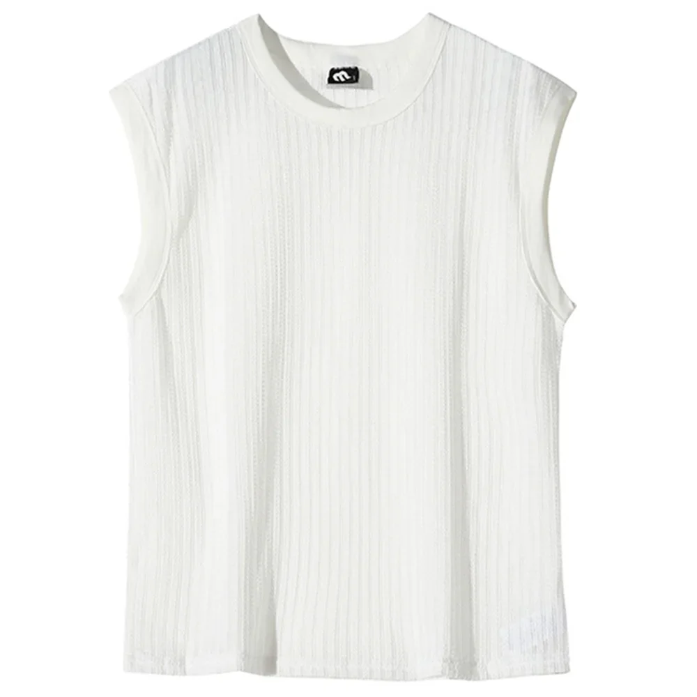 sanyamk Out Solid Knitted Shirt Men's Sexy Tank Top Summer Loose Knit Vest Korean O Neck Sleeveless Tees See Through Undershirts