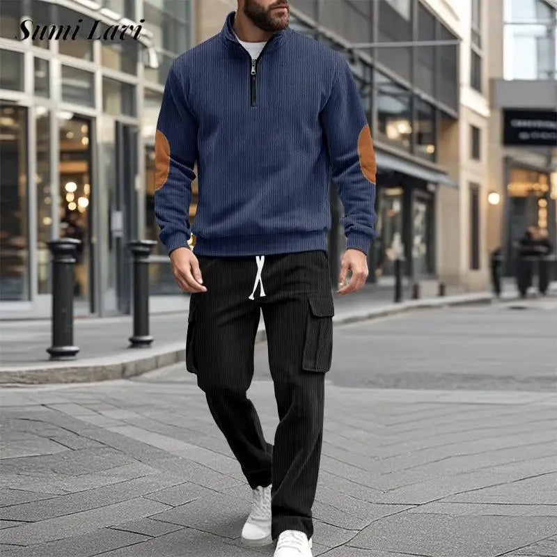 sanyamk - Vintage Patchwork Corduroy Outfits Mens Long Sleeve Stand Collar Sweatshirts And Pants Two Piece Sets Men Clothing Casual Suits