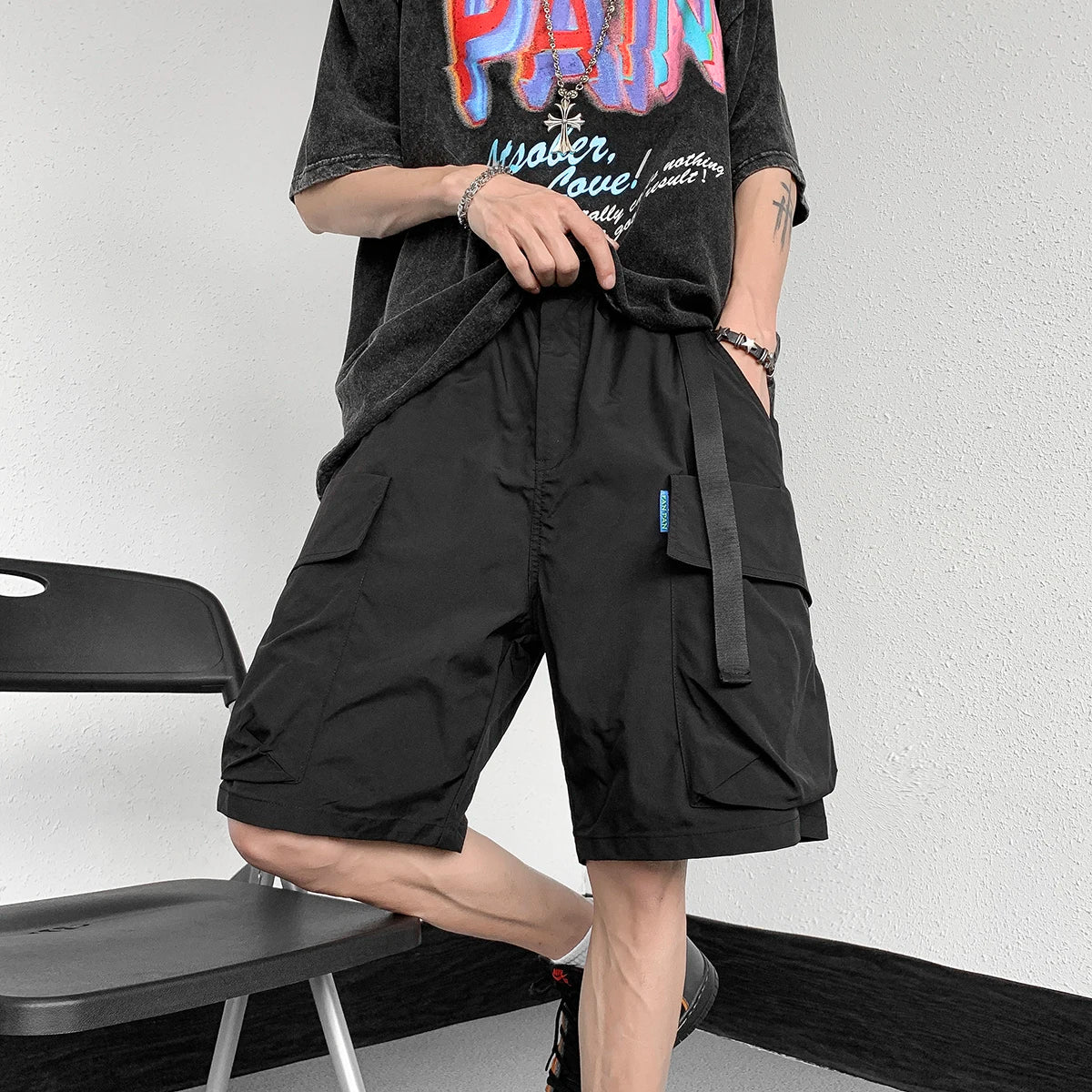 Bonsir Men Summer Cargo Shorts Buttons Loose Casual Multi-Pocket Baggy Streetwear Hip Hop Black Shorts