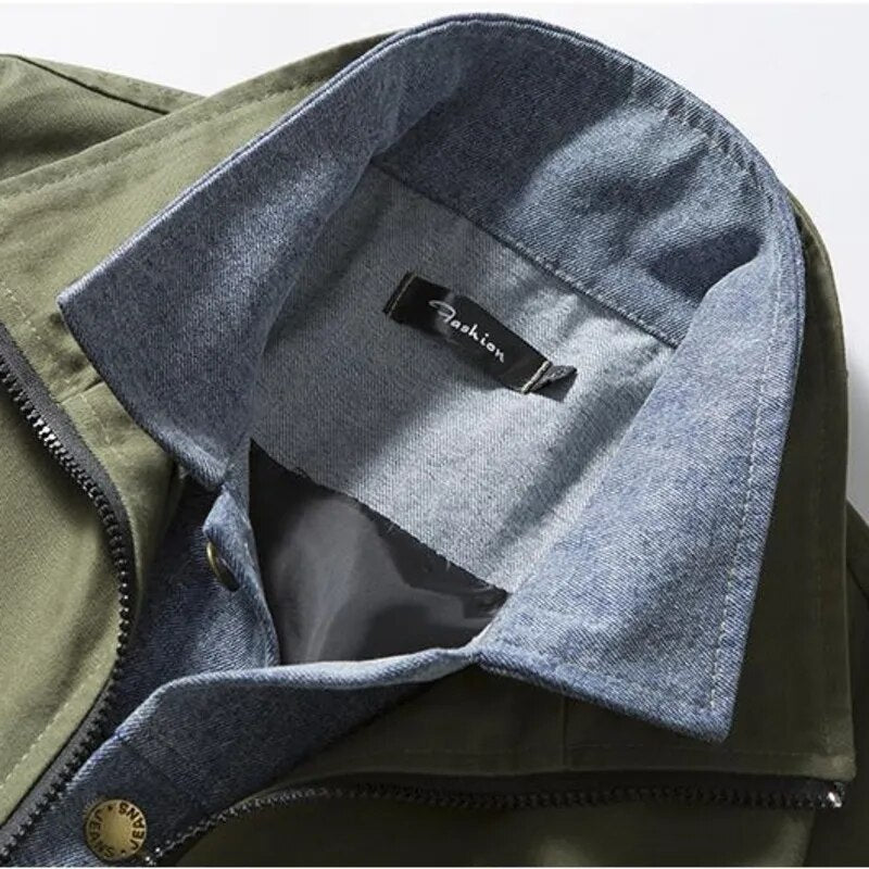 sanyamk Men Fake Two Pieces Denim Patchwork Jacket Jeans Spliced Sashes Contrast Casual Jacket Coat Retro Zip Closure Coat Plus Size