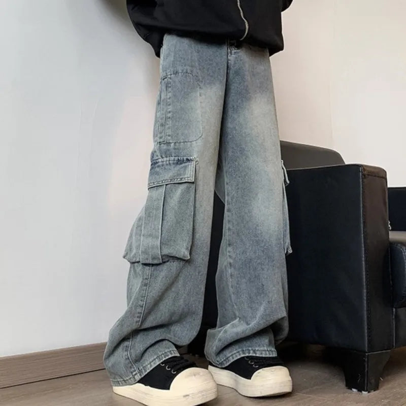sanyamk Men Cargo Jeans Loose Straight Wide Leg Denim Pants Men's Hip Hop Streetwear Neutral Skateboard Mopping denim Trousers