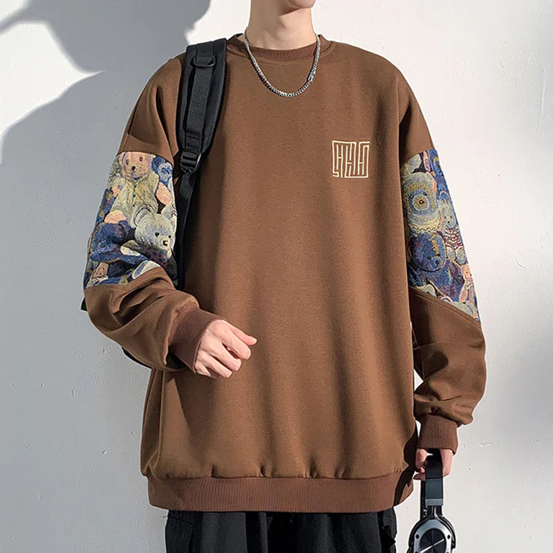 sanyamk - Autumn New Men's Sweatshirts Bear Parttern Patchwork Oversized Male Clothing Embroidery Design Round Neck Pullover Tops