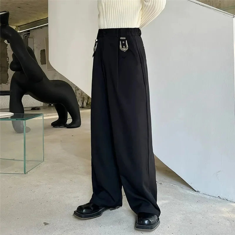 sanyamk Men Metal Button Loose Casual Wide Leg Suit Pants Net Celebrity Male Straight Fashion Vintage Floor Trouser Stage Clothing