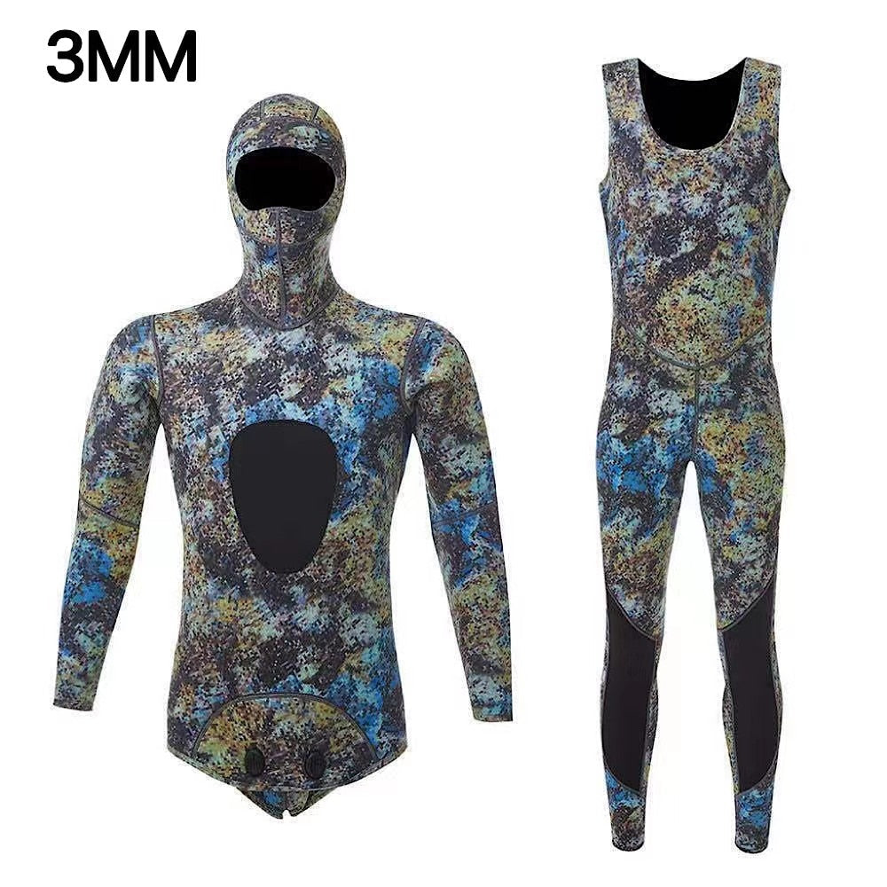 HOT 3mm Camouflage Wetsuit Long Sleeve Fission Hooded 2 Pieces Of Neoprene Submersible For Men Keep Warm Waterproof Diving Suit