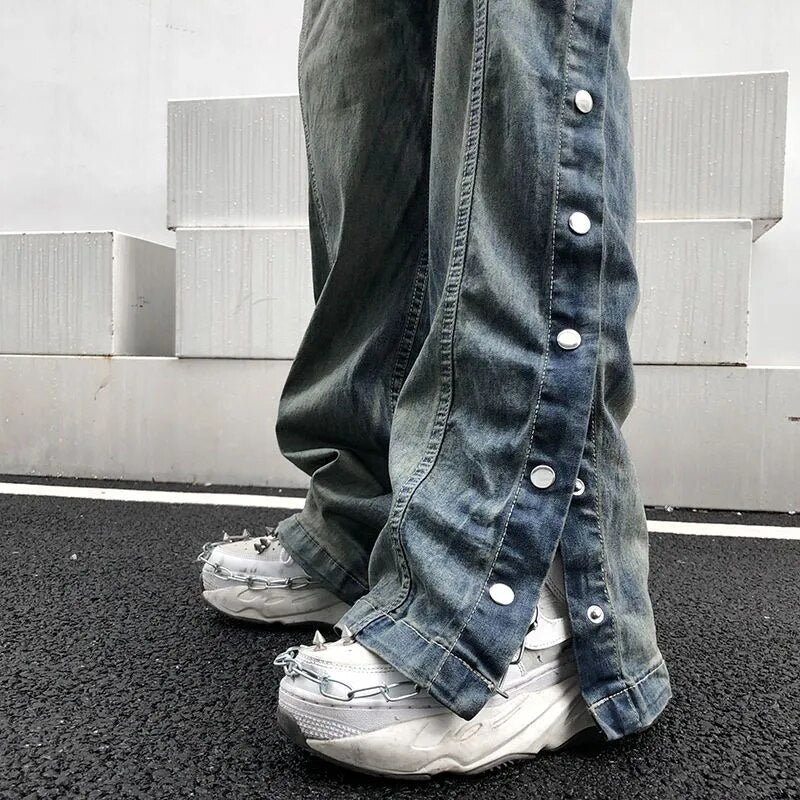 sanyamk Jeans Men Washed Old Breasted Oversized Denim Pants New Harajuku Fashion Casual Retro Loose Hip Hop Straight Trousers Streetwear