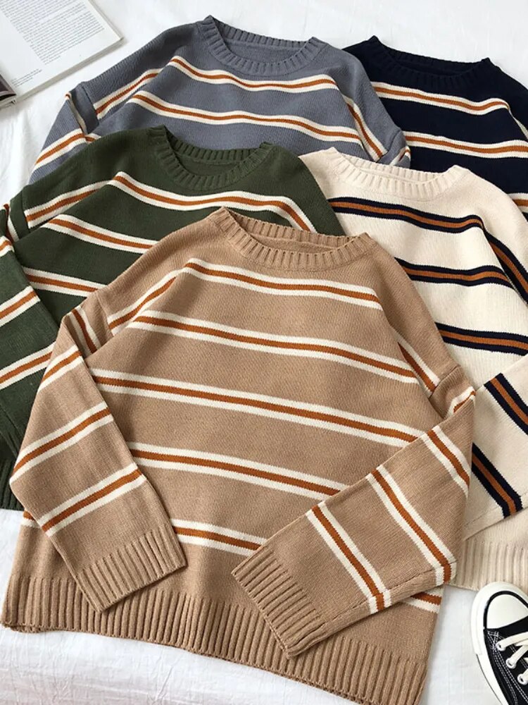 Bonsir Vintage Stripe Sweaters Women Loose Oversize Korean Style Pullover Top Autumn Winter Long Sleeve Knitted Sweater Femme