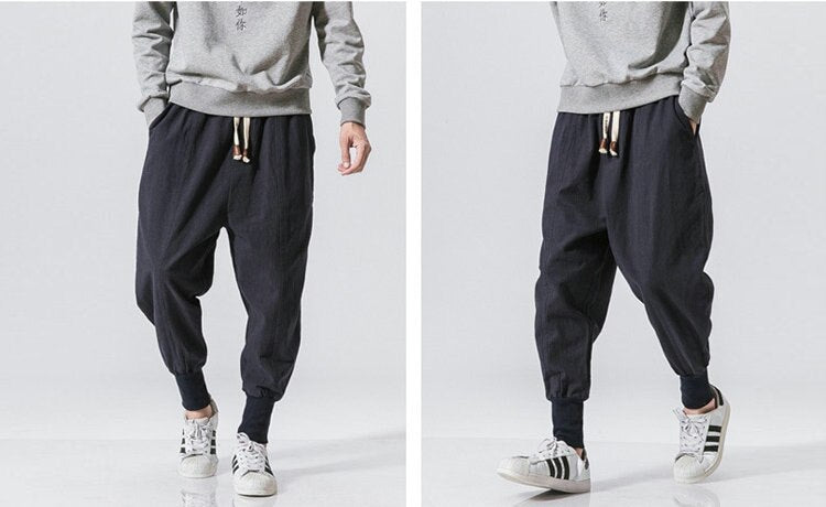 Bonsir Chinese Style Harem Pants Men Streetwear Casual Joggers Mens Pants Cotton Linen Sweatpants Ankle-length Men Trousers M-5XL