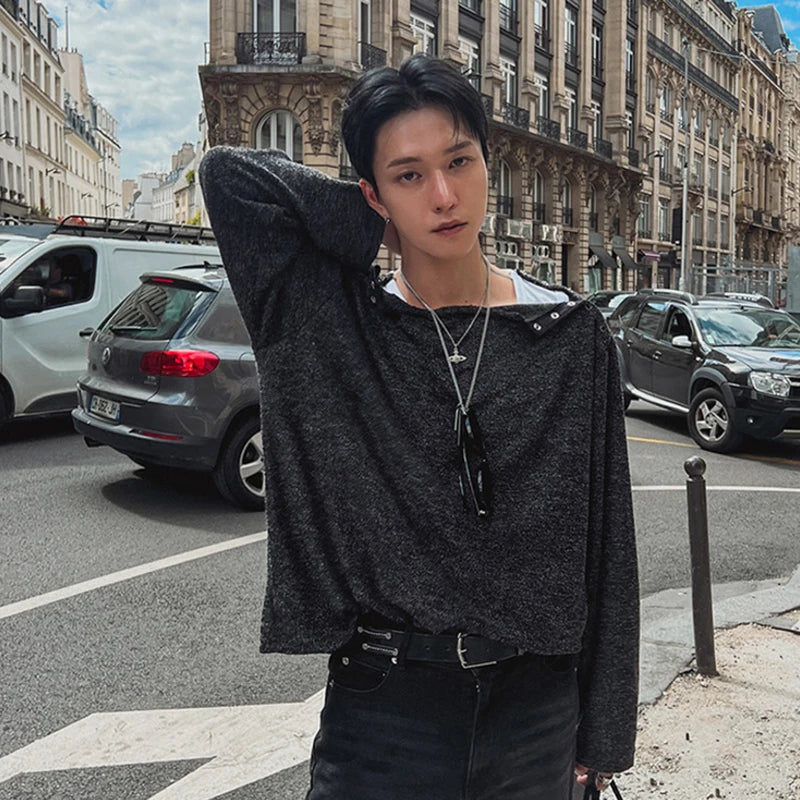 sanyamk - Niche Design Men's T-shirts Round Collar Casual Metal Button Tees Long Sleeve Loose Solid Color Male Top New Fashion 9C7904