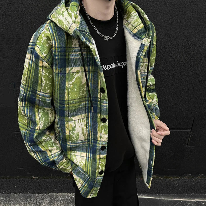 sanyamk - Korean Style Men's Hoodies Hooded Plaid Contrast Color Casual Tops Single Breasted Brushed Loose Male Sweatshirts 9C8558