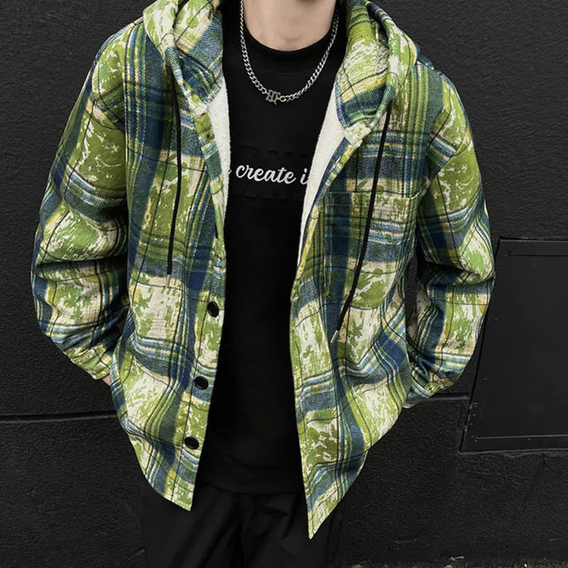 sanyamk - Korean Style Men's Hoodies Hooded Plaid Contrast Color Casual Tops Single Breasted Brushed Loose Male Sweatshirts 9C8558