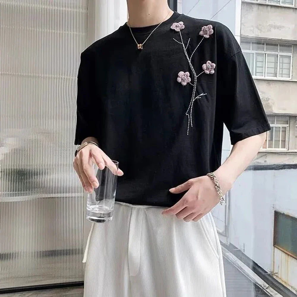Bonsir T Shirts for Men New Summer French Short Sleeve HipHop Embroidery Solid Color O-Neck Shirt Men Clothing Mens Streetwear Top Tees