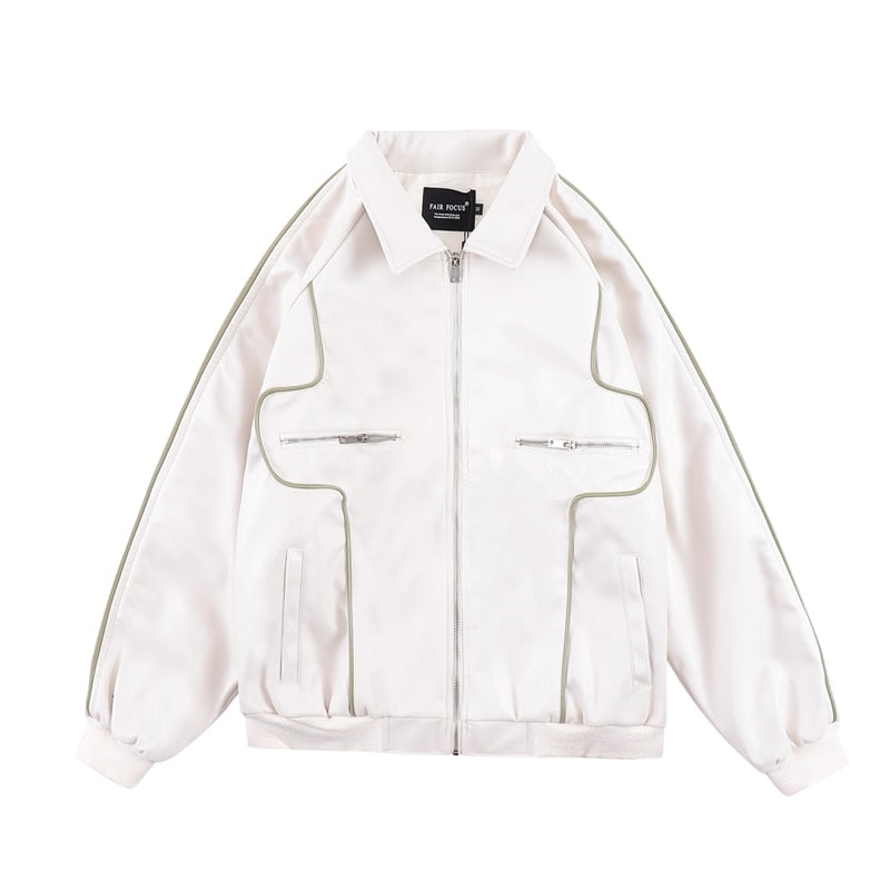 Bonsir Retro Zipper Pockets Lapel White Black Pu Leather Jacket Men's Harajuku Streetwear Loose Coat Thick Autumn and Winter Clothes