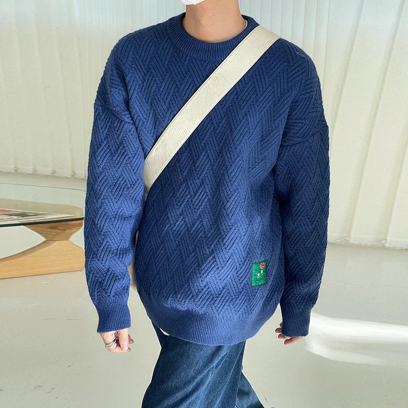 Bonsir - Winter Autumn Thick Pasted Cloth Pattern O-Neck Sweater Men's Loose Casual Blue Kinttwear Tops Korean Chic Clothing 2A0524
