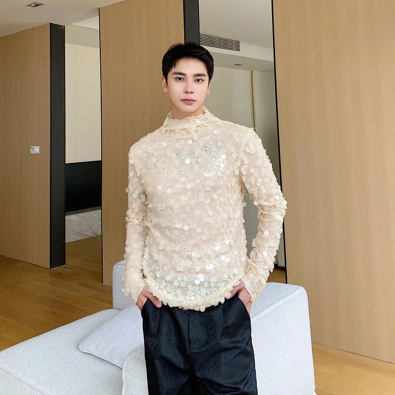 sanyamk - New Men's Spangly T-shirts Sequins Glitter Stand Collar Long Sleeve Skinny Tops Tees Stylish Party Clothing