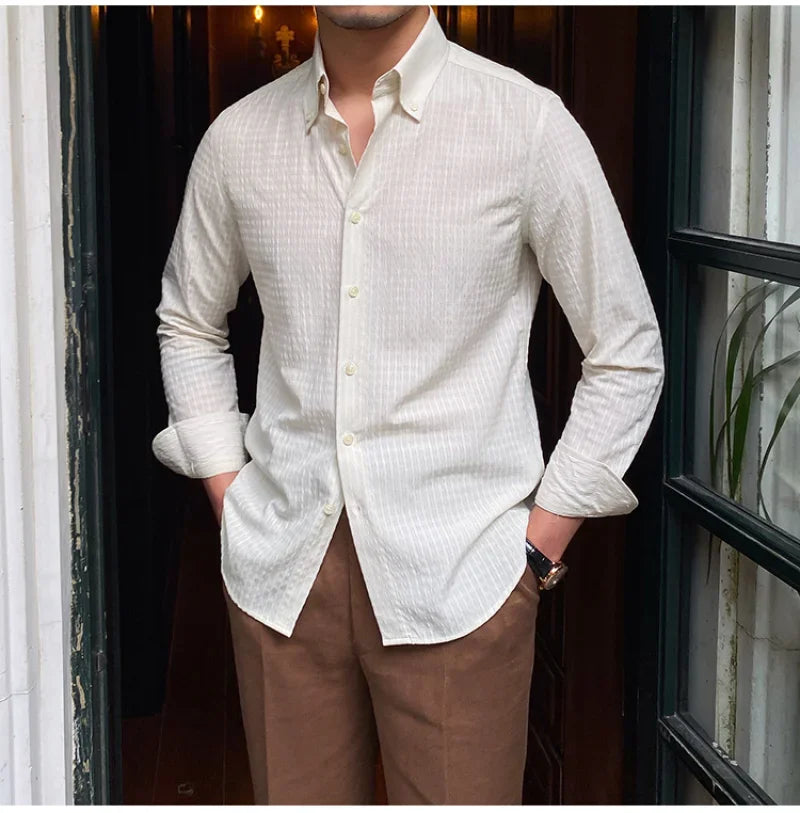 sanyamk - Men Gentlemen Seersucker Casual Long-sleeved Shirt Retro Breathable Anti Wrinkle Shirt Italian Slimming Trend Camiseta Masculina