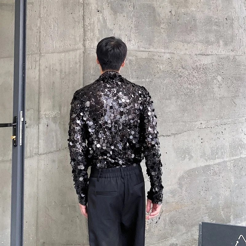 sanyamk - New Men's Spangly T-shirts Sequins Glitter Stand Collar Long Sleeve Skinny Tops Tees Stylish Party Clothing