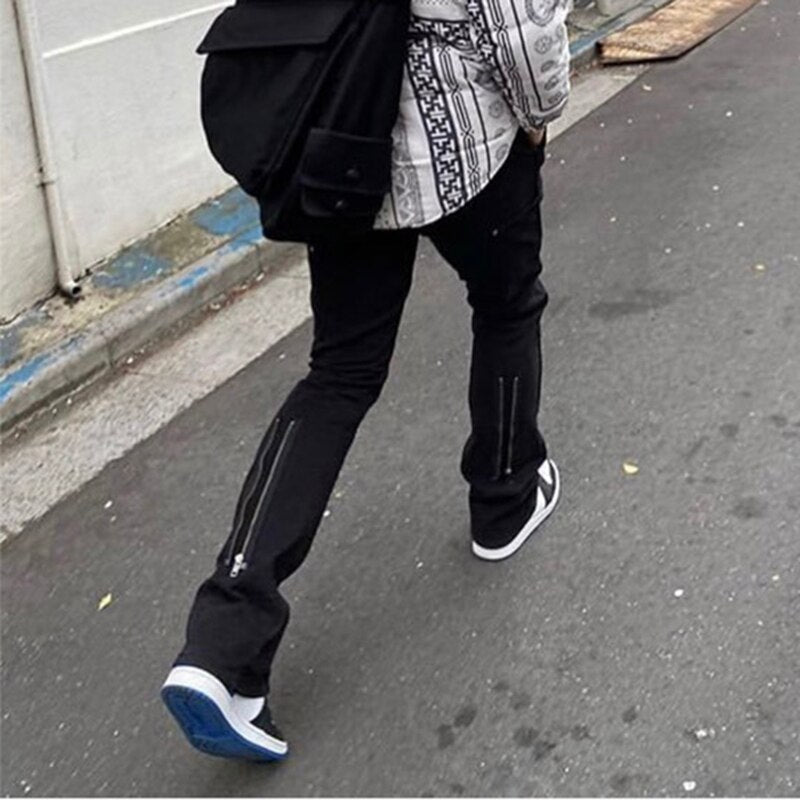 Bonsir Back Ankle Zipper Spliced Straight Flare Pants Mens High Street Washed Retro Loose Casual Jeans Hip Hop Denim Trousers