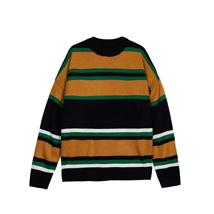 sanyamk Japan Style Vintage Sweater Men Contrast Color Striped Loose Knitted Pullover Casual pull homme Young Man Streetwear Clothing