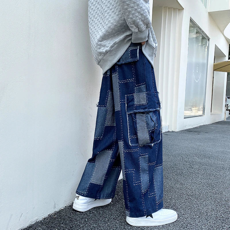 sanyamk Korean Fashion Loose Wide-leg Jeans Men‘s Hip Hop Trousers Harem Straight Pants Cargo Denim Jeans Street Baggy Casual Trousers