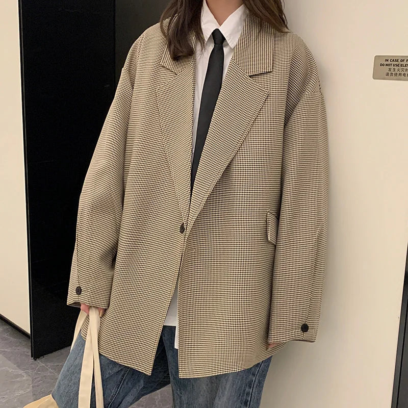 sanyamk - New Luxury Houndstooth Blazers Grey Khaki Men'S Casual One Button Blazers Autumn Winter Fashion All-match Loose Suit Jackets