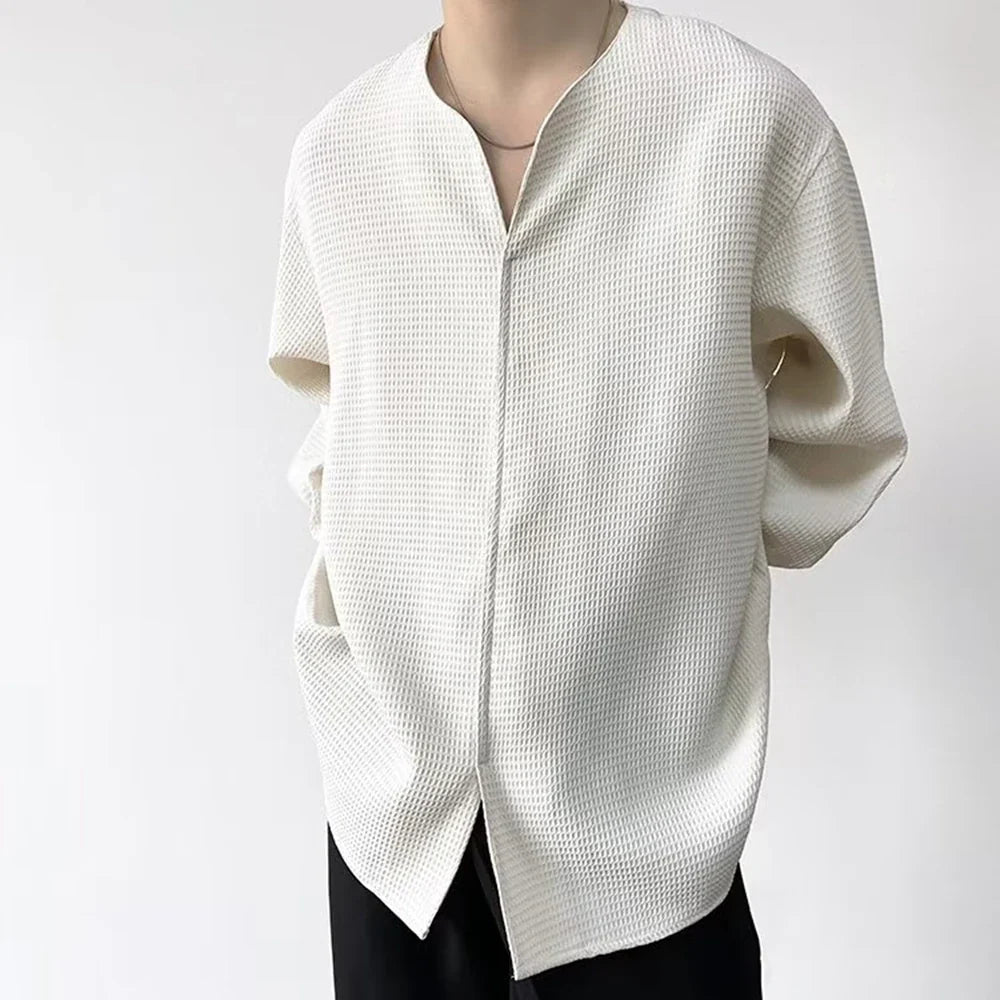Bonsir 2024 Autumn Retro Temperament Waffle Pullover V-neck Shirt Men's Long-Sleeved Light Wind Ins Loose Korean Trend Shirt