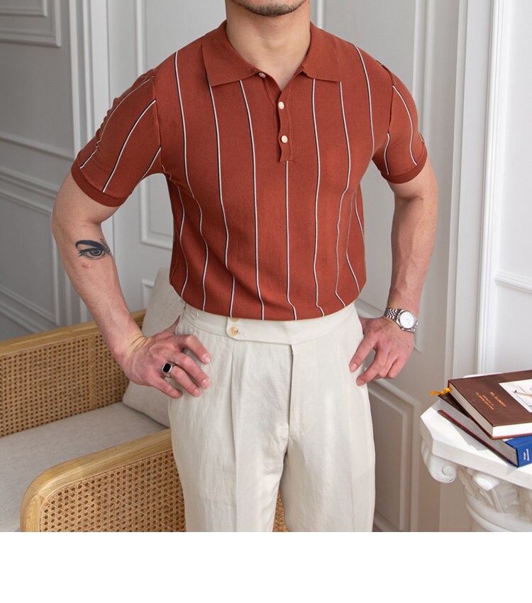sanyamk Contrasting Stripes Casual Slim Lapel Polo Summer Knit Lapel T-shirt Polo Camisa Hombre British Men's Shirt Mannen Polo