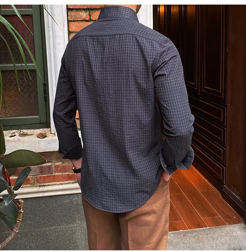 sanyamk - Men Gentlemen Seersucker Casual Long-sleeved Shirt Retro Breathable Anti Wrinkle Shirt Italian Slimming Trend Camiseta Masculina