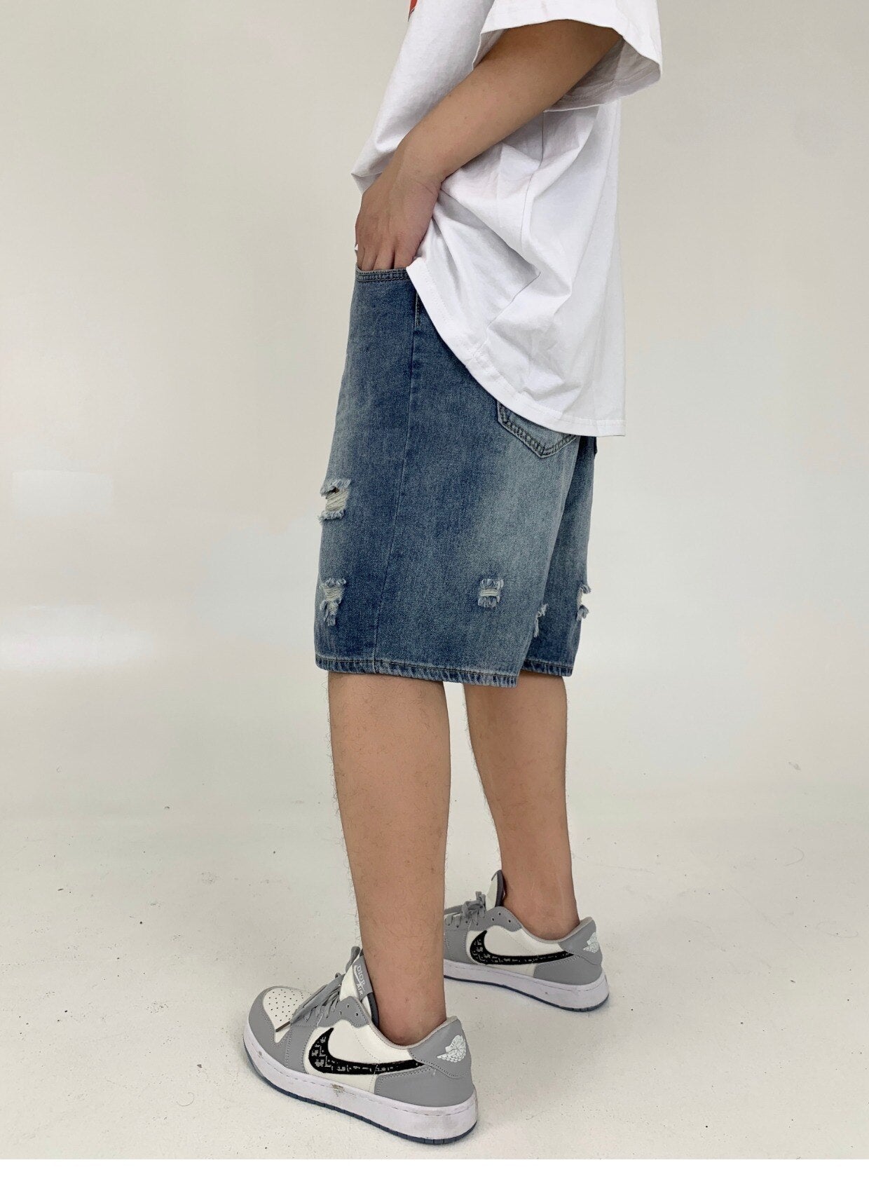 Bonsir Men's Denim Shorts Letter Embroidery Ripped Hole Short Jeans Women Wide Leg Shorts Hip Hop Drawstring Vintage Denim Pants Summer