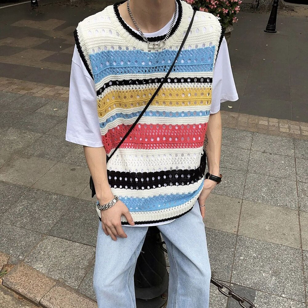 sanyamk Fashion Knitted Vest Y2k Streetwear Trend Hollow Sleeveless Top Men's Striped Contrast Color Loose Tank Tops Genderless Clothing