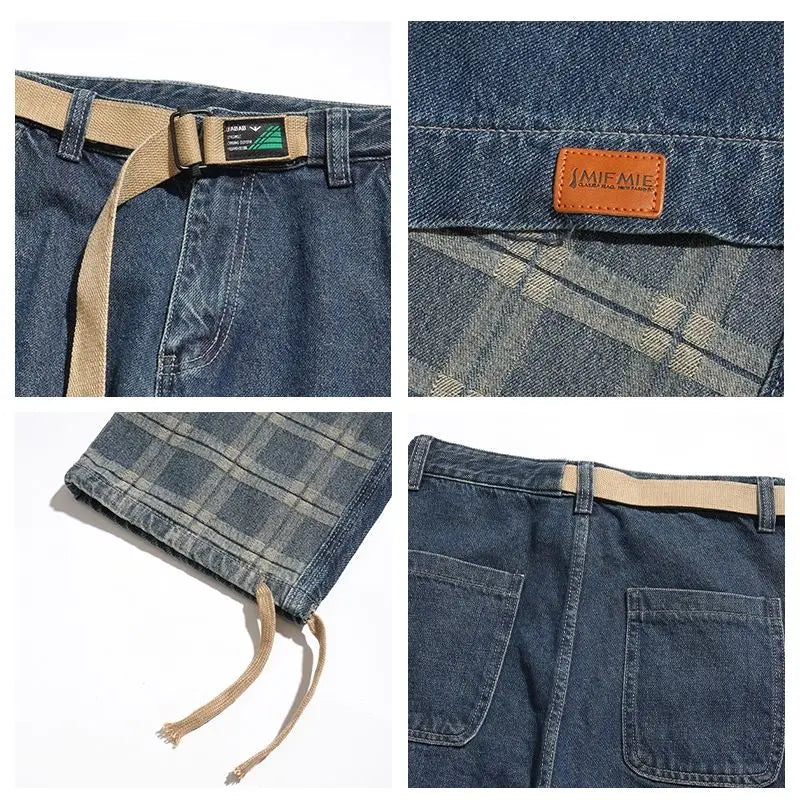 sanyamk Japanese Retro Splicing Jeans Autumn Niche High Street Causal Loose Drawstring Wide-leg Overalls Men Trousers Male Clothes