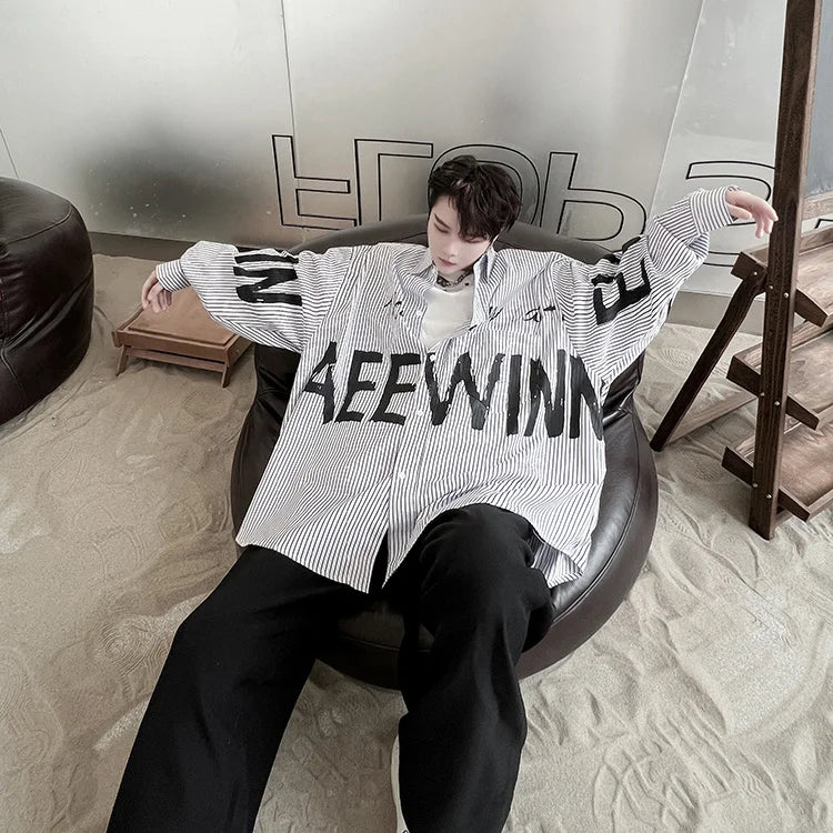 Bonsir American style fried street printed striped shirt Men's trendy brand long sleeved Korean version loose fitting high street