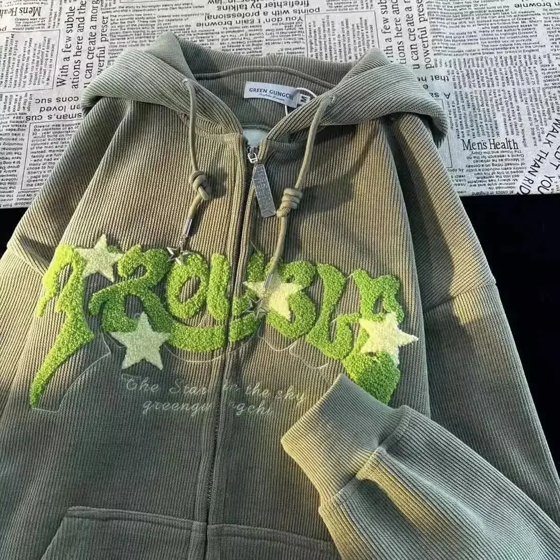 Bonsir Y2K Embroidered Hoodie Women Corduroy Autumn Winter Vintage Zip Up Oversized Sweatshirt Harajuku Long Sleeve Hooded