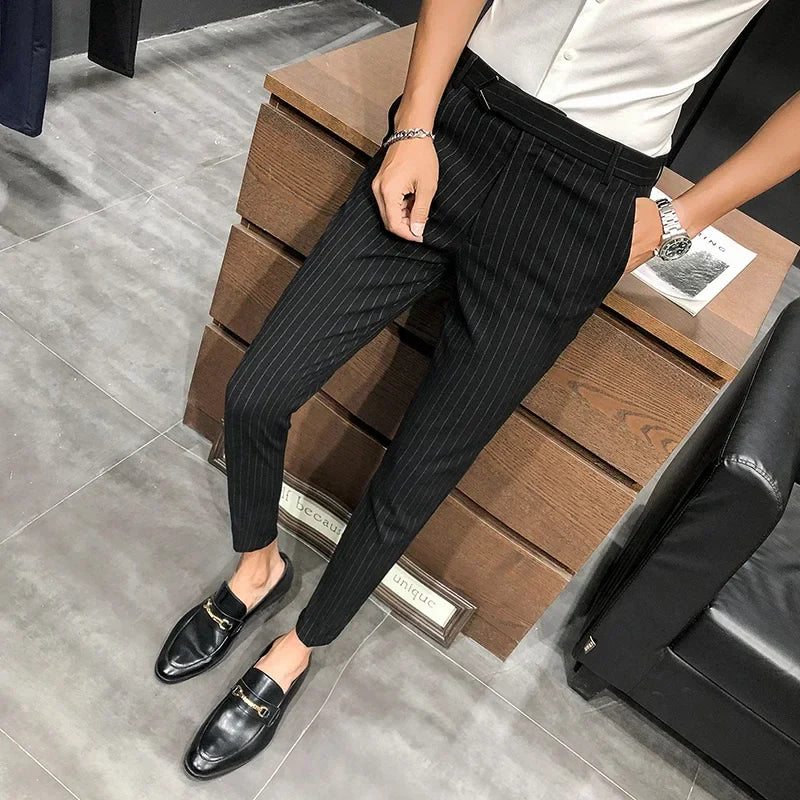 sanyamk - British Style Suit Pants Men Dress Pants Social Slim Fit Office Trousers Men Grey Spring New Striped Belt Trousers Men's