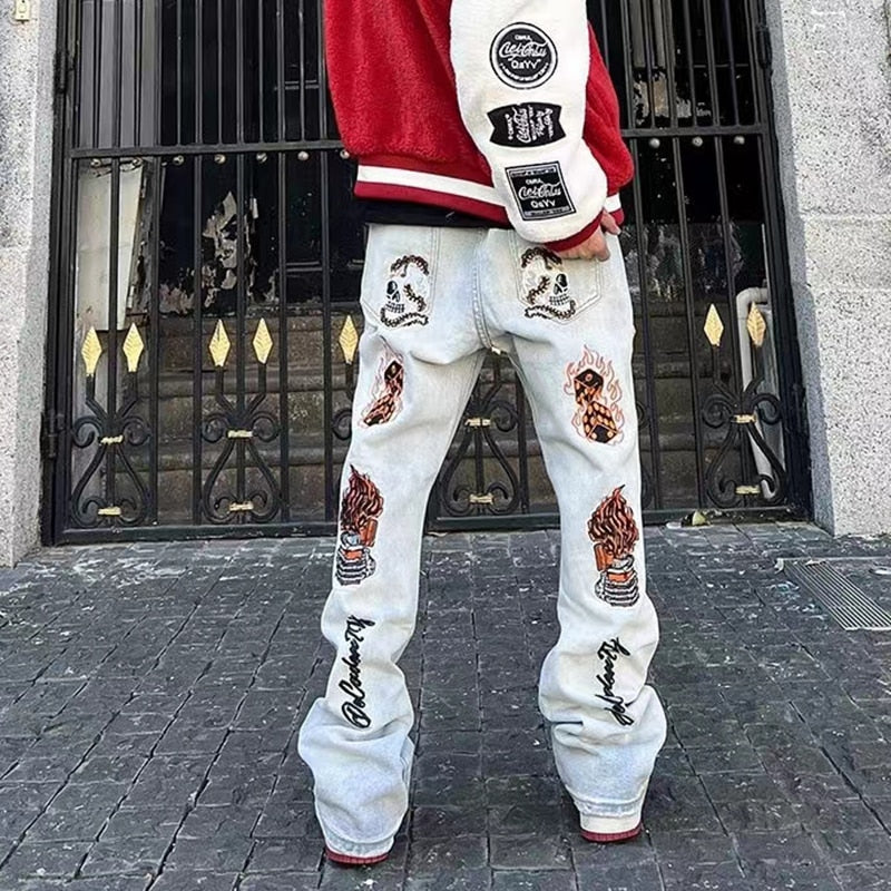 sanyamk High Street Flame Skull Embrodiery Vintage Denim Trousers Men's Distressed Washed Straight Baggy Oversized Jeans Pants